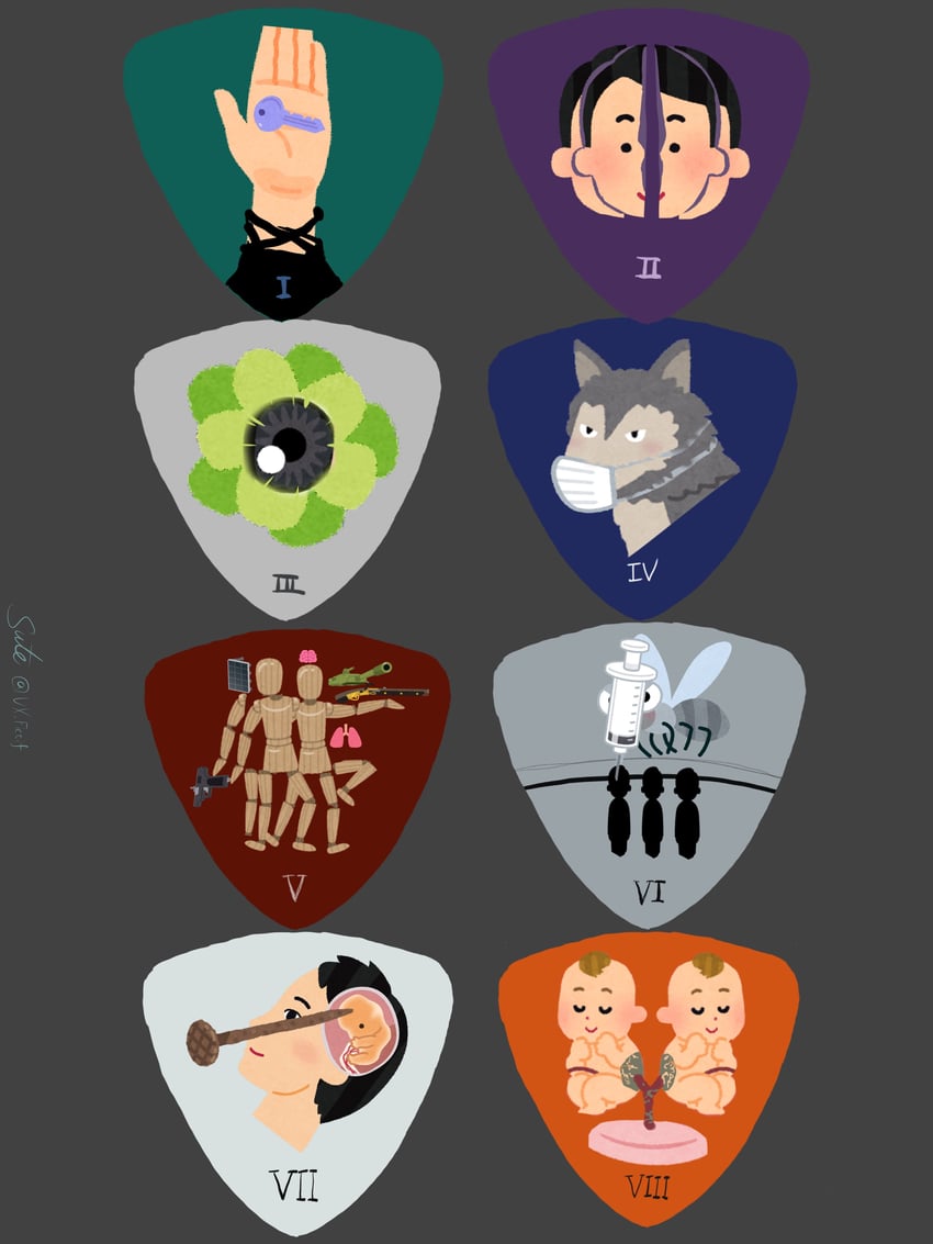 v.iv rusty, v.ii snail, v.i freud, v.vi maeterlinck, v.iii o'keeffe, and 3 more (armored core and 2 more) drawn by sute_(vx_fictif)