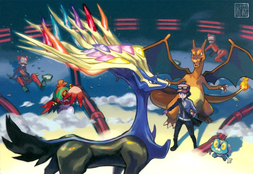 charizard, calem, froakie, xerneas, hawlucha, and 1 more (pokemon and 1 more) drawn by sugimori_ken