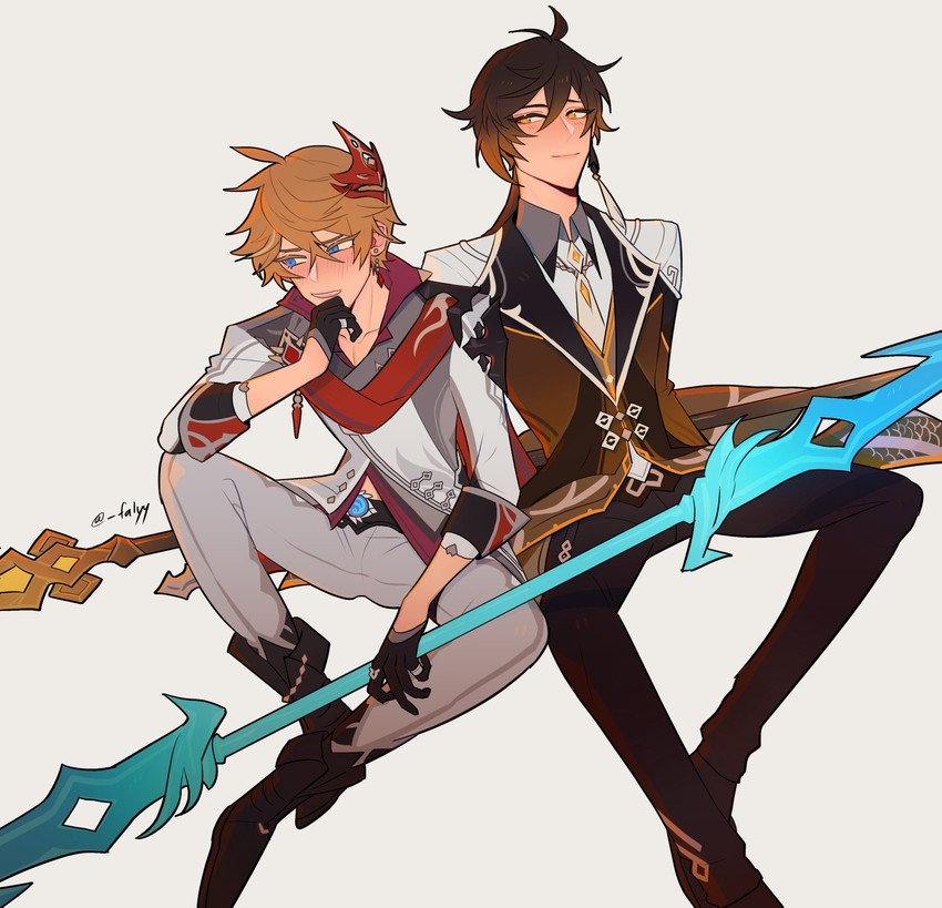 zhongli and tartaglia (genshin impact) drawn by falyy
