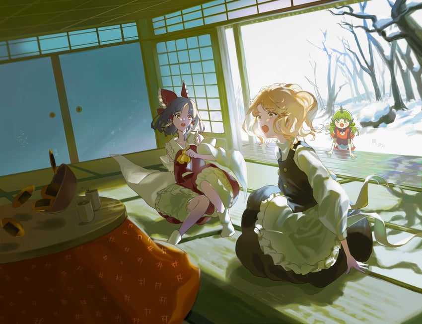hakurei reimu, kirisame marisa, and komano aunn (touhou) drawn by maitenn03