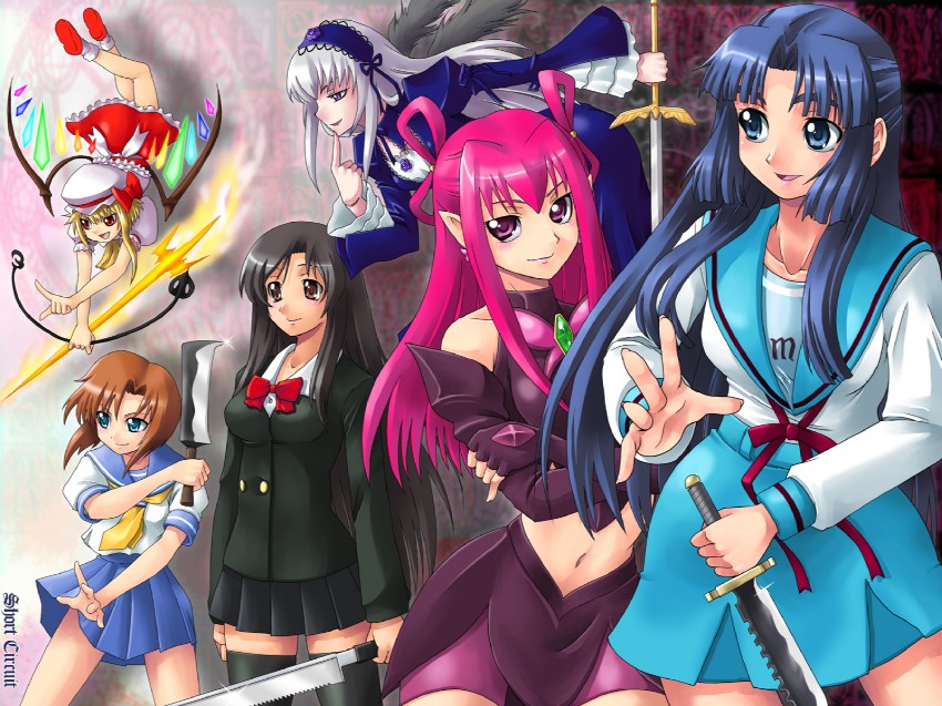 flandre scarlet, suigintou, ryuuguu rena, asakura ryoko, katsura kotonoha, and 1 more (touhou and 6 more) drawn by yaso_shigeru