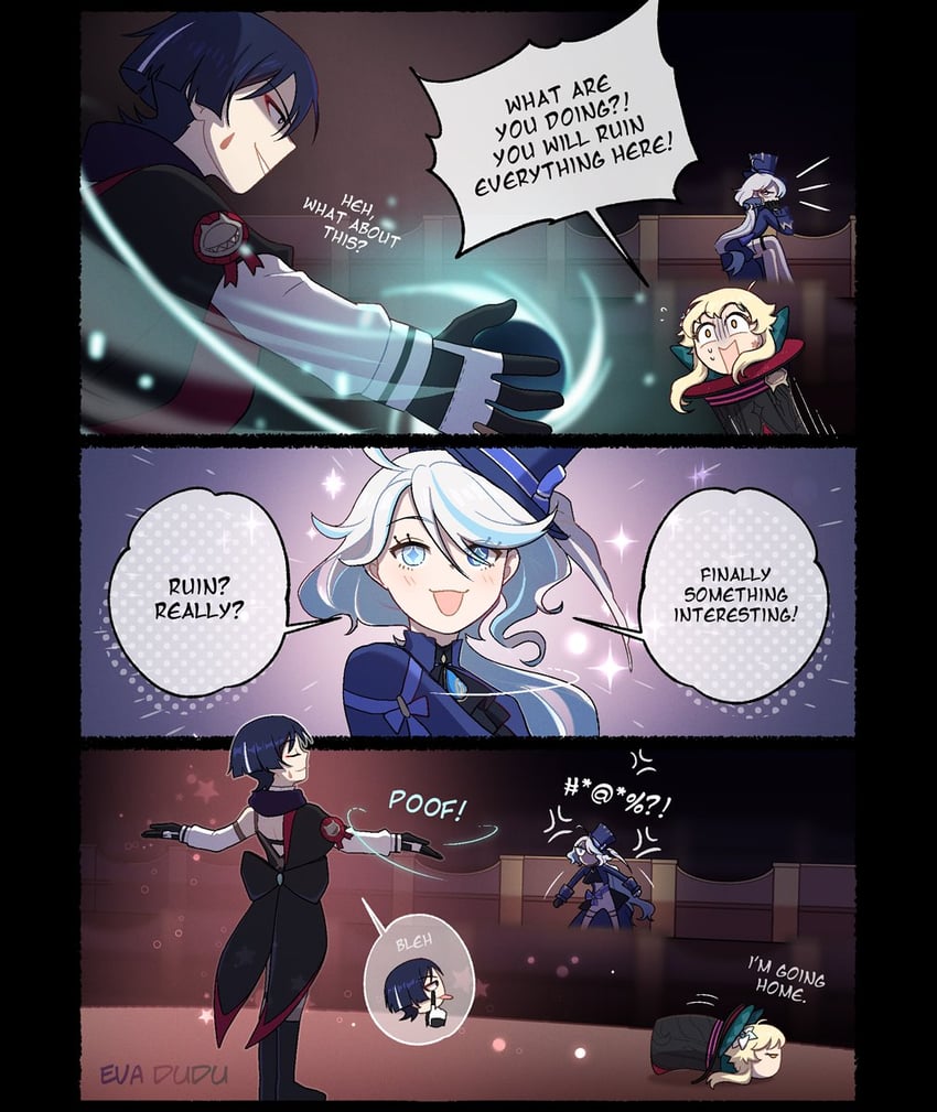lumine, scaramouche, furina, wanderer, lynette, and 1 more (genshin impact) drawn by kakaolikeslegs