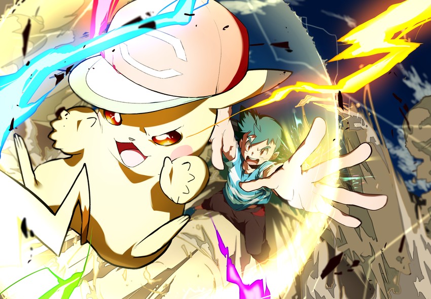 pikachu and ash ketchum (pokemon and 1 more) drawn by 32890_(artist)