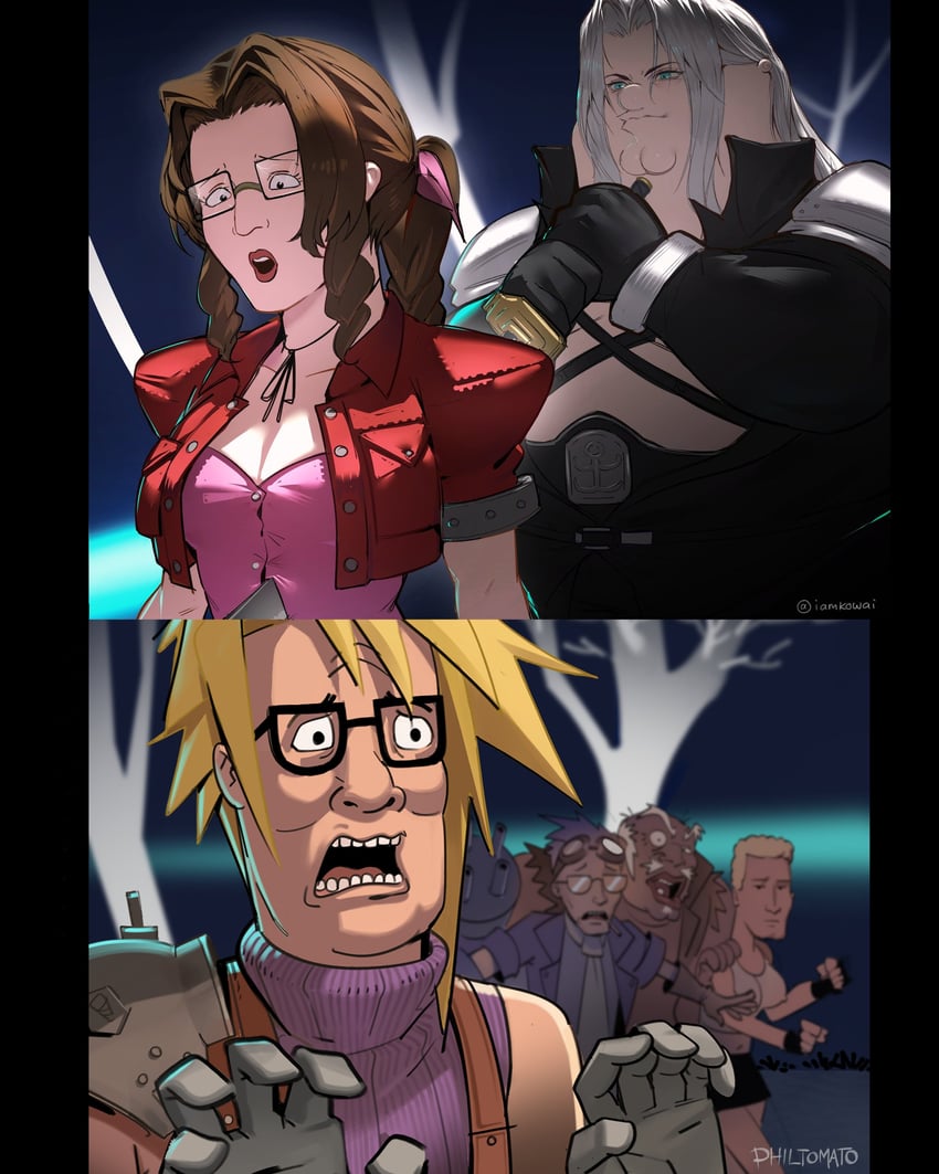 tifa lockhart, cloud strife, aerith gainsborough, sephiroth, barret wallace, and 7 more (final fantasy and 4 more) drawn by kowai_(iamkowai) and philtomato