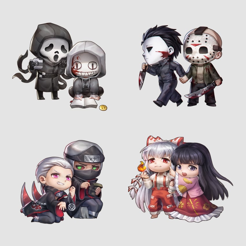 fujiwara no mokou, houraisan kaguya, jason voorhees, hidan, ghostface, and 4 more (touhou and 6 more) drawn by sdz_(inazuma)