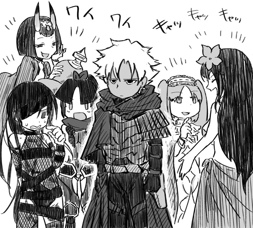 scathach, shuten douji, emiya kiritsugu, stheno, katou danzou, and 1 more (fate and 1 more) drawn by echipashiko