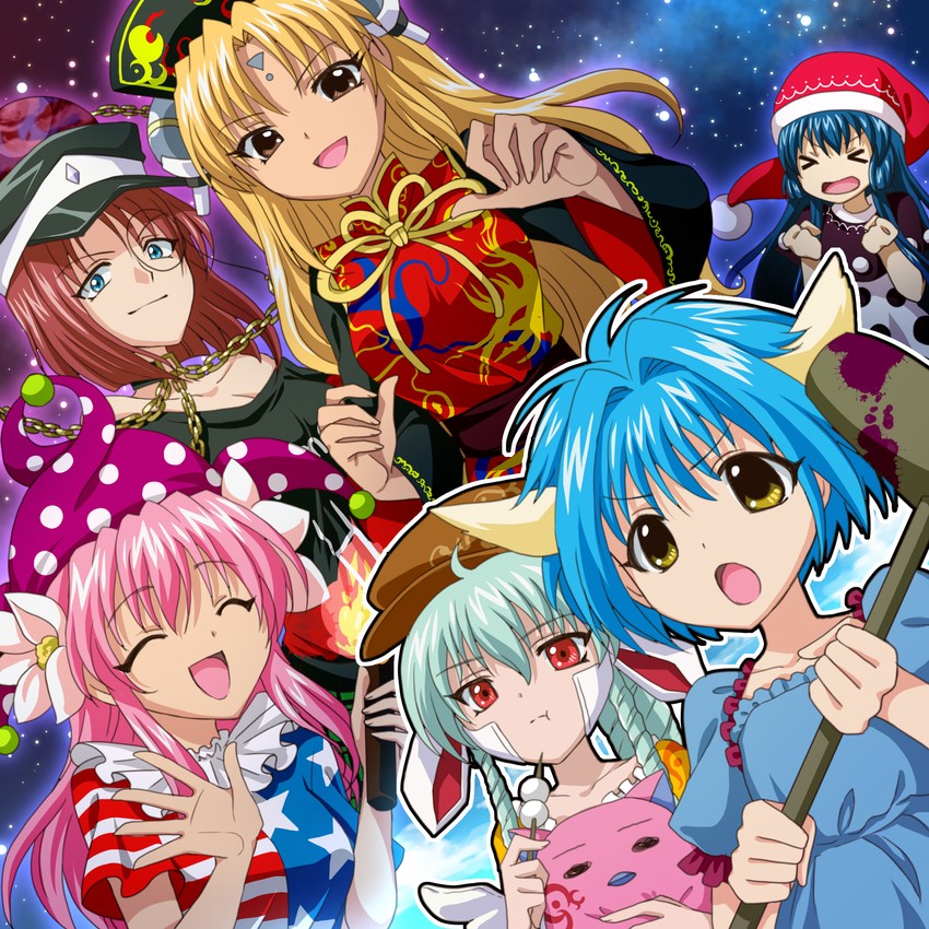 clownpiece, junko, hecatia lapislazuli, doremy sweet, seiran, and 8 more (touhou and 2 more) drawn by soraeda