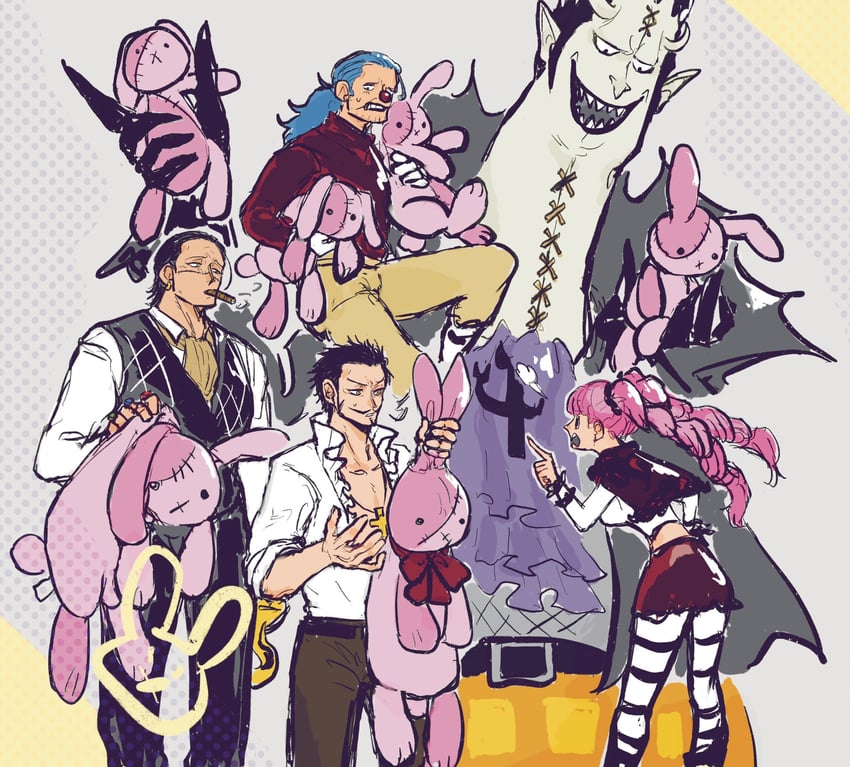 perona, crocodile, buggy the clown, dracule mihawk, and gecko moria (one piece) drawn by f4ylu