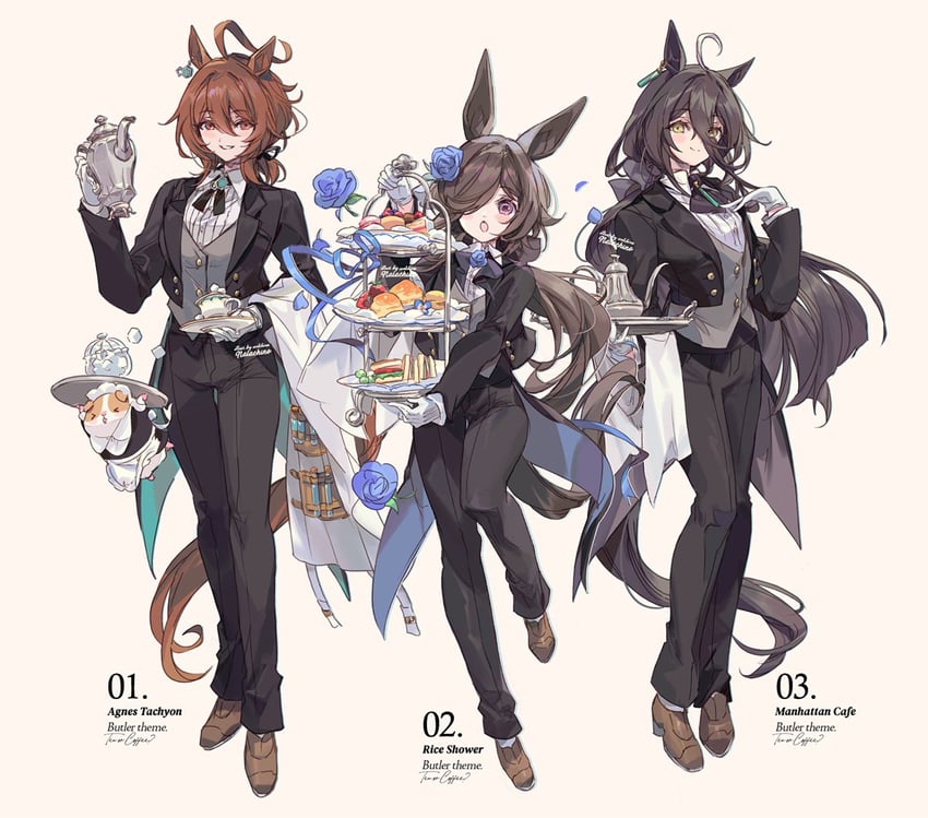 agnes tachyon, manhattan cafe, and rice shower (umamusume) drawn by welchino