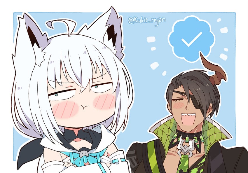 shirakami fubuki and aragami oga (hololive and 2 more) drawn by kukie-nyan