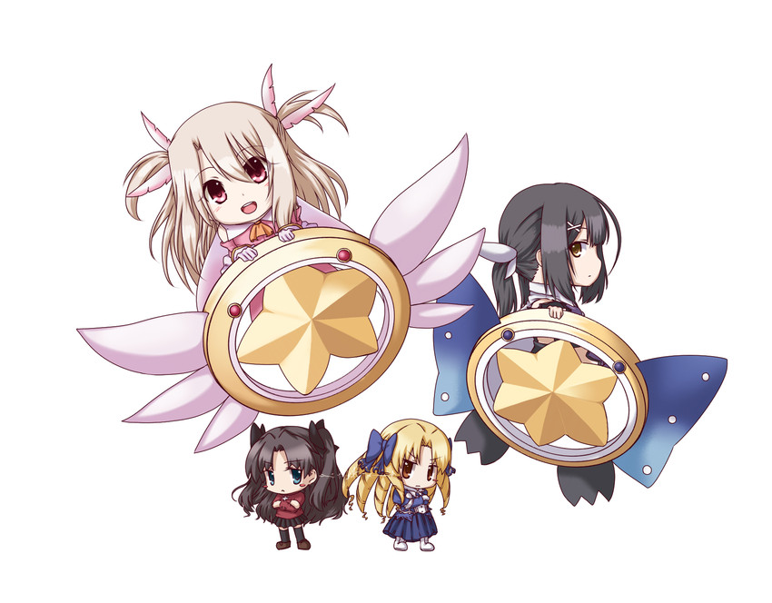 tohsaka rin, illyasviel von einzbern, miyu edelfelt, magical ruby, magical sapphire, and 1 more (fate and 1 more) drawn by kuena