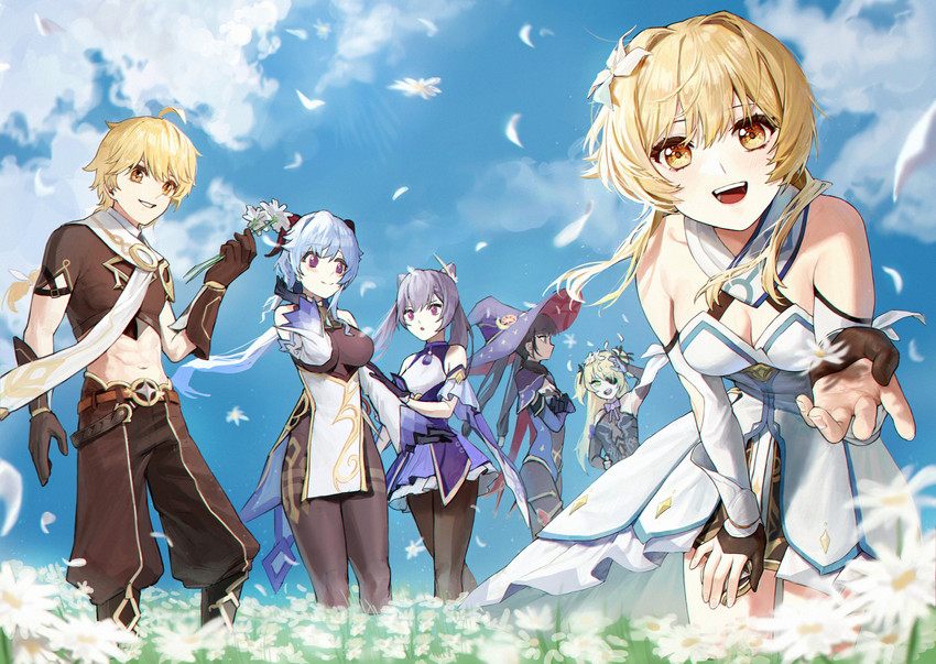 ganyu, lumine, aether, mona, keqing, and 1 more (genshin impact) drawn by kir_(khw66136132)