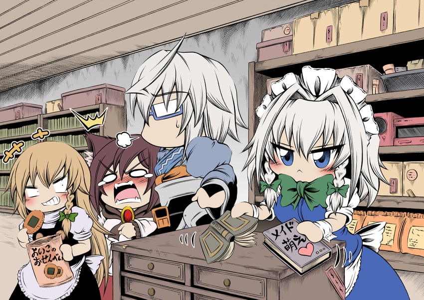 kirisame marisa, izayoi sakuya, morichika rinnosuke, and imaizumi kagerou (touhou) drawn by hidefu_kitayan