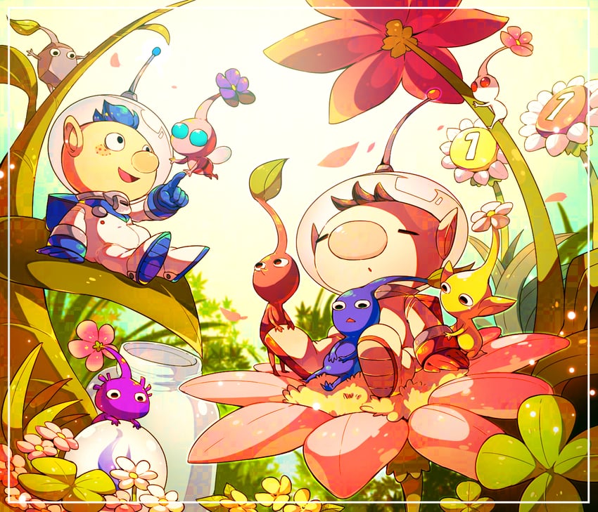 red pikmin, olimar, yellow pikmin, blue pikmin, purple pikmin, and 4 more (pikmin) drawn by shirushiki