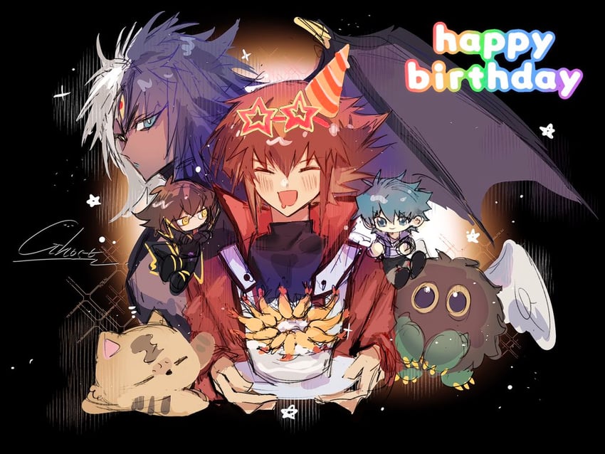 yuki judai, yubel, johan andersen, winged kuriboh, pharaoh, and 1 more (yu-gi-oh! and 1 more) drawn by ghost_taochuan