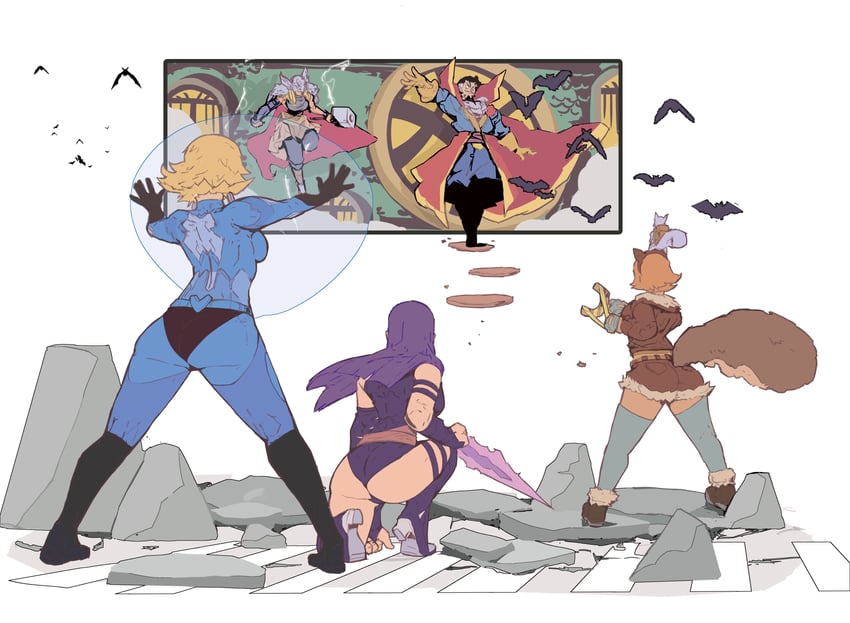 psylocke, sue storm, squirrel girl, doctor strange, tippy-toe, and 1 more (marvel and 4 more) drawn by 7_passes and michel_teru