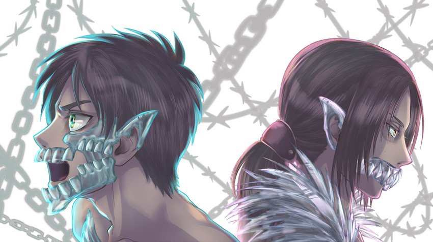 eren yeager, ymir, titan, rogue titan, and jaw titan (shingeki no kyojin) drawn by higami_akabane