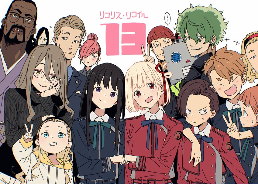 nishikigi chisato, inoue takina, kurumi, nakahara mizuki, harukawa fuki, and 10 more (lycoris recoil) drawn by imigimuru