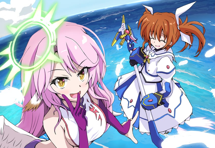 takamachi nanoha, raising heart, jibril, and tamura yukari (lyrical nanoha and 3 more) drawn by popo_rinngo