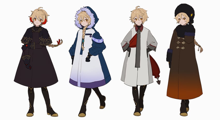 aether, zhongli, tartaglia, diluc, and kaeya (genshin impact) drawn by rowya