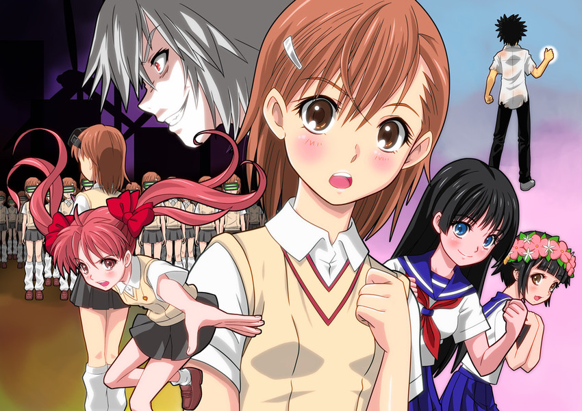 misaka mikoto, shirai kuroko, kamijou touma, accelerator, saten ruiko, and 2 more (toaru majutsu no index and 1 more) drawn by yuta_(maronyann)