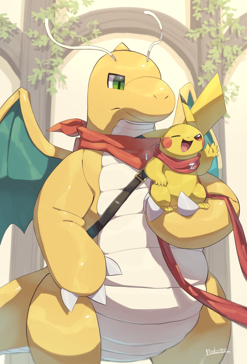 pikachu and dragonite (pokemon and 1 more) drawn by makoto_ikemu