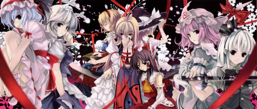 hakurei reimu, kirisame marisa, remilia scarlet, izayoi sakuya, konpaku youmu, and 3 more (touhou and 2 more) drawn by cradle_(circle) and misaki_kurehito
