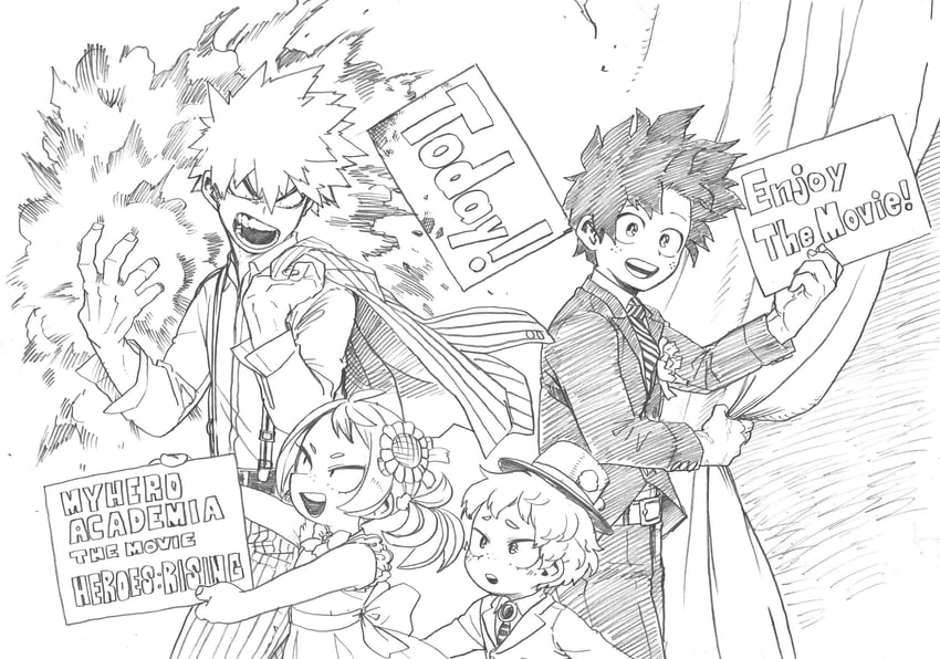 midoriya izuku, bakugou katsuki, shimano katsuma, and shimano mahoro (boku no hero academia) drawn by horikoshi_kouhei