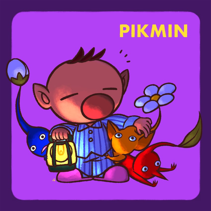 olimar, red pikmin, yellow pikmin, and blue pikmin (pikmin) drawn by azuz97