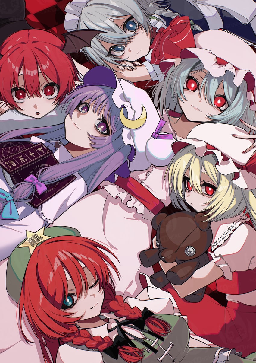 remilia scarlet, flandre scarlet, izayoi sakuya, patchouli knowledge, hong meiling, and 1 more (touhou and 1 more) drawn by soregashi_nk