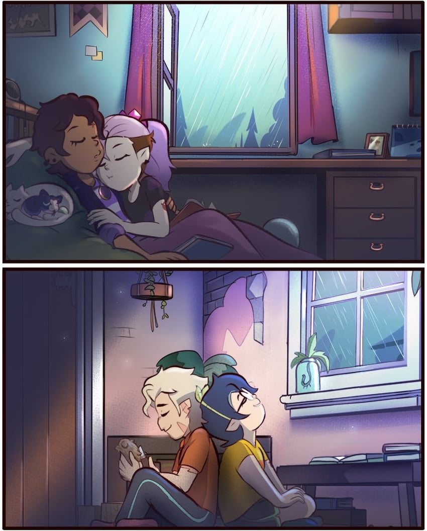 luz noceda, amity blight, hunter, willow park, ghost, and 1 more (the owl house) drawn by moringmark