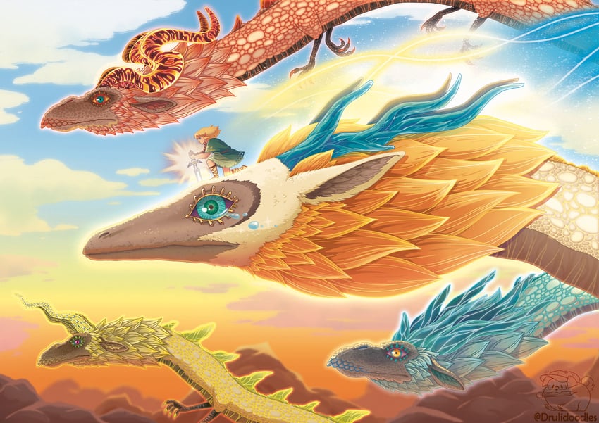 link, light dragon, farosh, dinraal, and naydra (the legend of zelda and 1 more) drawn by drulidoodles