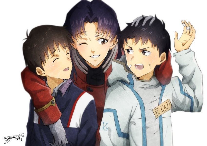 ikari shinji, katsuragi misato, and kaji ryouji jr. (neon genesis evangelion and 2 more) drawn by fujiichi