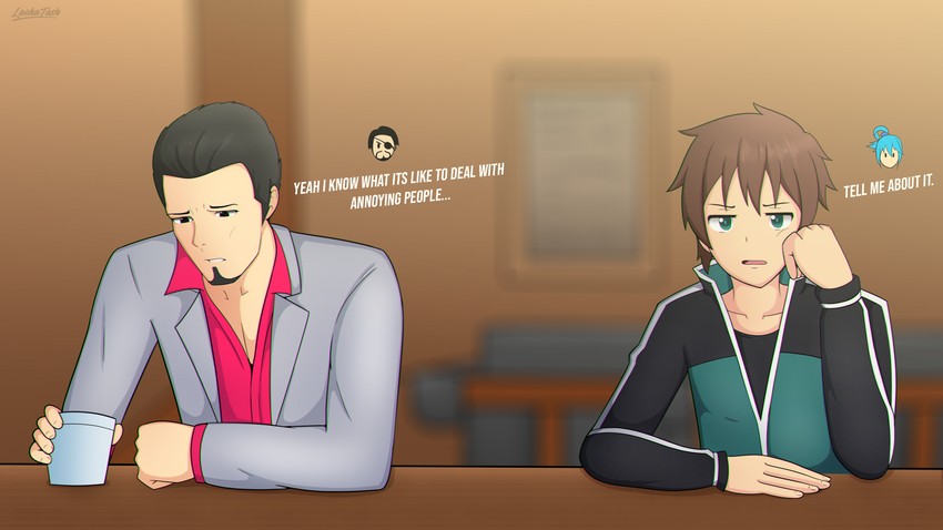 aqua, satou kazuma, kiryu kazuma, and majima goro (kono subarashii sekai ni shukufuku wo! and 1 more) drawn by lackatask