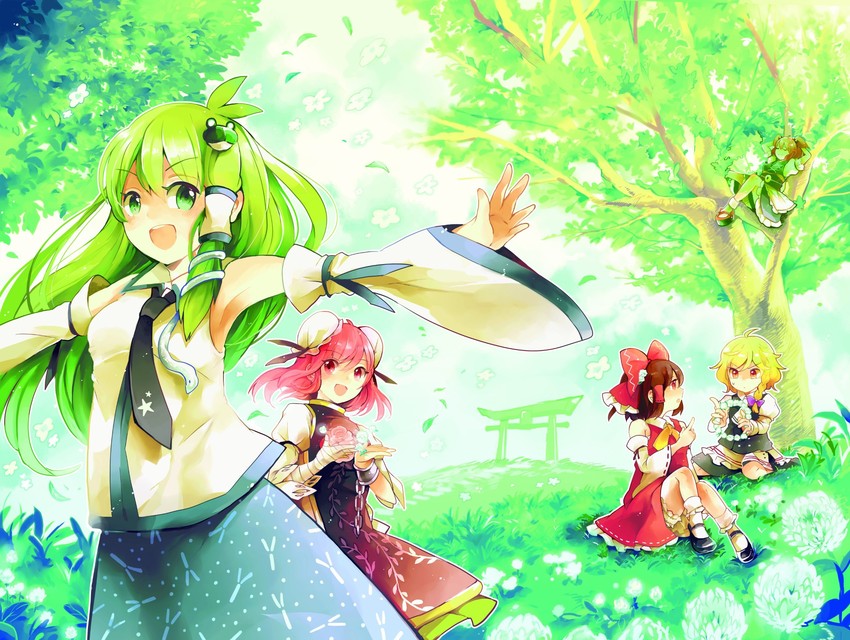 hakurei reimu, kirisame marisa, kochiya sanae, onozuka komachi, and ibaraki kasen (touhou and 1 more) drawn by azuma_aya