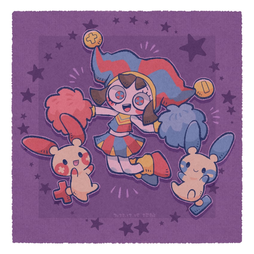 pomni, minun, and plusle (pokemon and 1 more) drawn by karin_(100100)