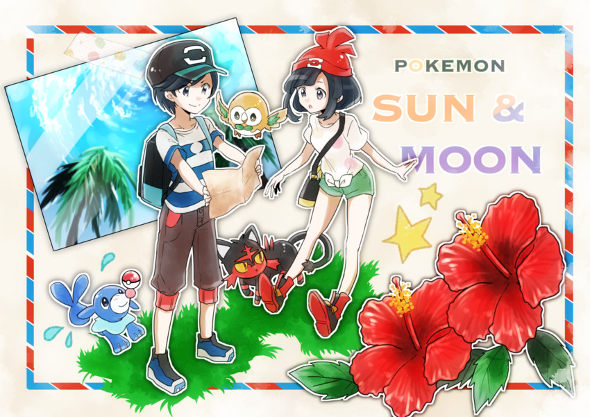 selene, rowlet, elio, popplio, and litten (pokemon and 1 more) drawn by ryukadomatsu