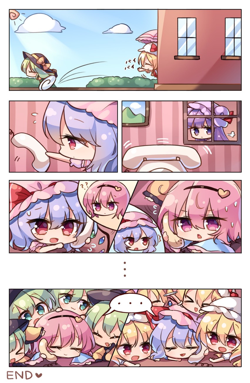 remilia scarlet, flandre scarlet, komeiji koishi, patchouli knowledge, and komeiji satori (touhou) drawn by pudding_(skymint_028)