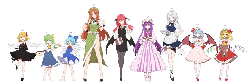 remilia scarlet, flandre scarlet, izayoi sakuya, cirno, patchouli knowledge, and 4 more (touhou and 1 more) drawn by sarukana