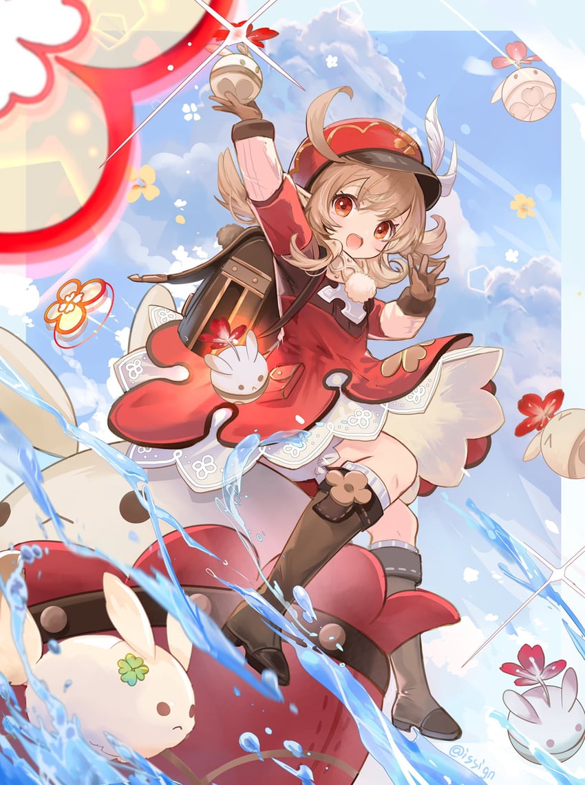 klee, dodoco, and jumpy dumpty (genshin impact) drawn by issign