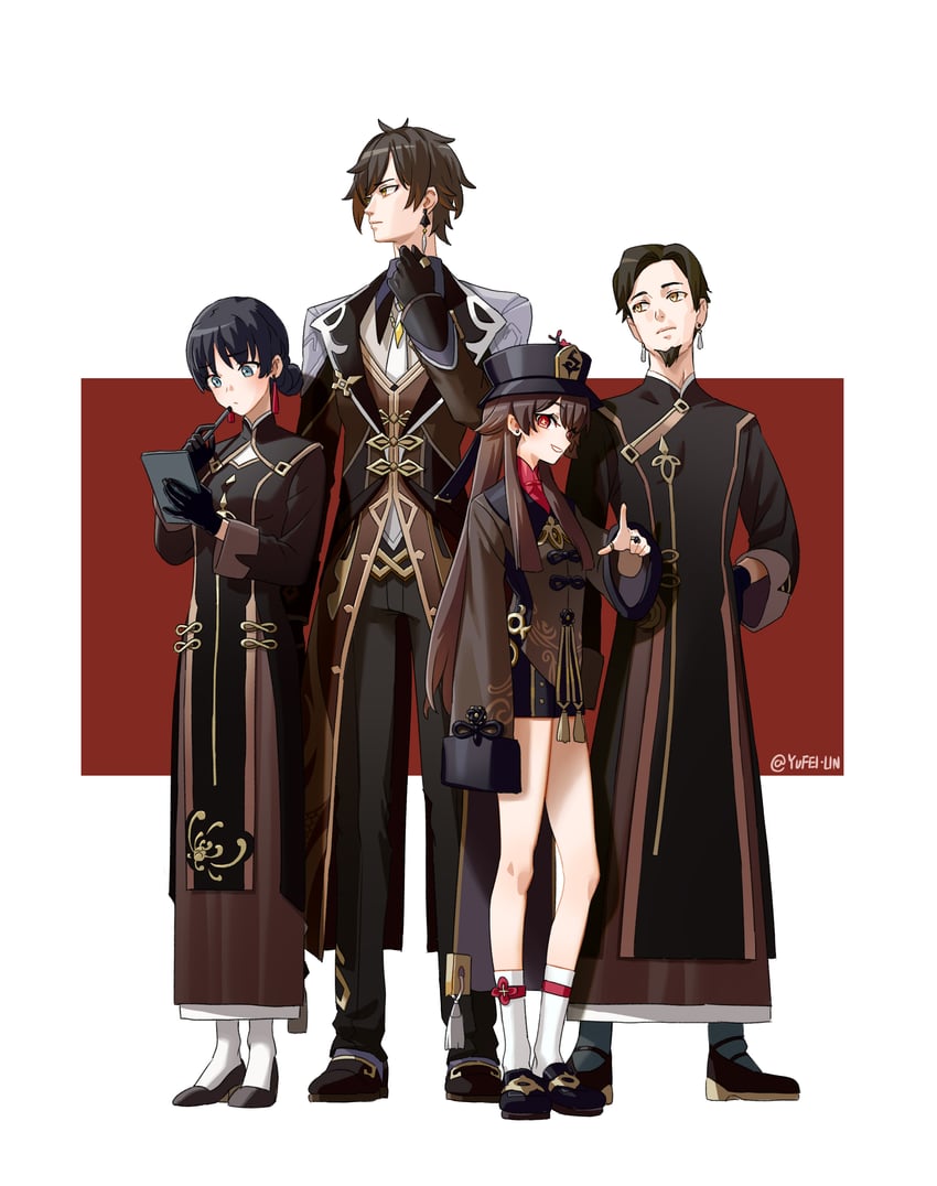 hu tao, zhongli, ferrylady, and meng (genshin impact) drawn by yufei_lin