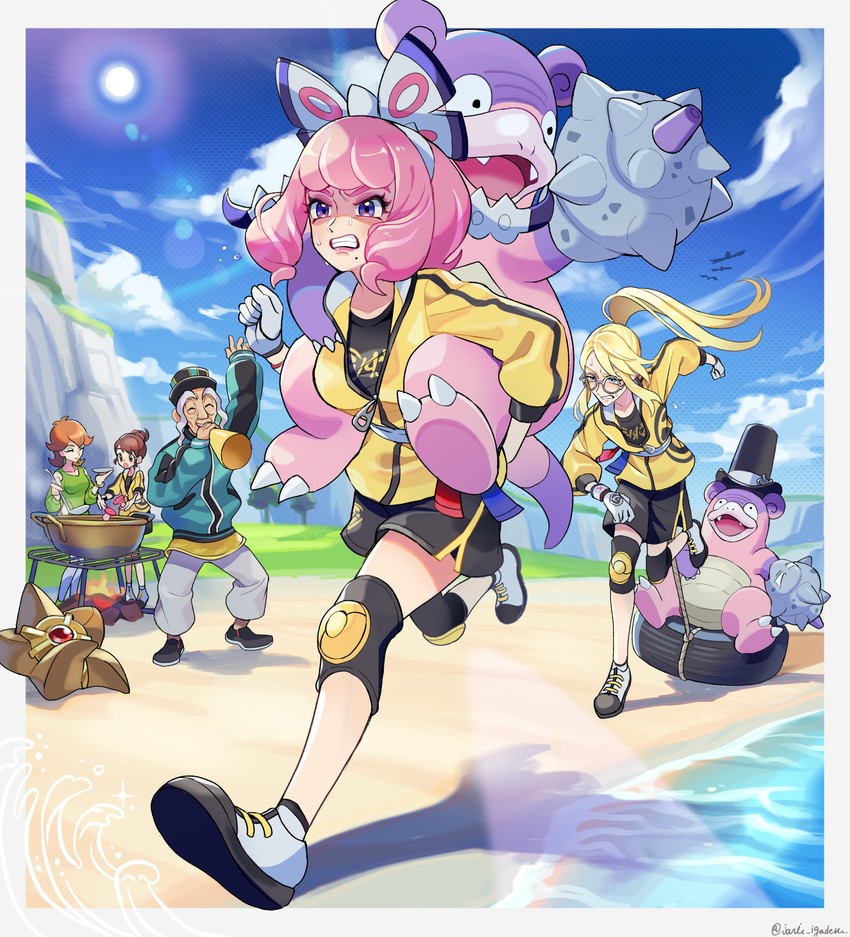 gloria, klara, staryu, avery, galarian slowbro, and 2 more (pokemon and 1 more) drawn by janis_(hainegom)