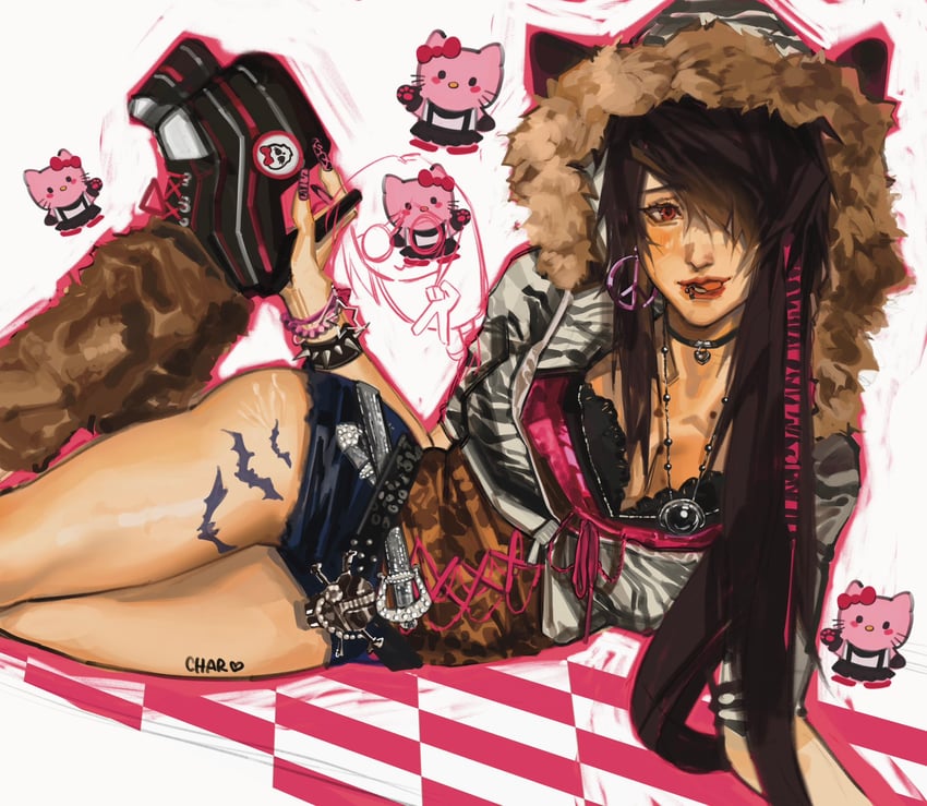 tifa lockhart and hello kitty (final fantasy and 4 more) drawn by charluiu
