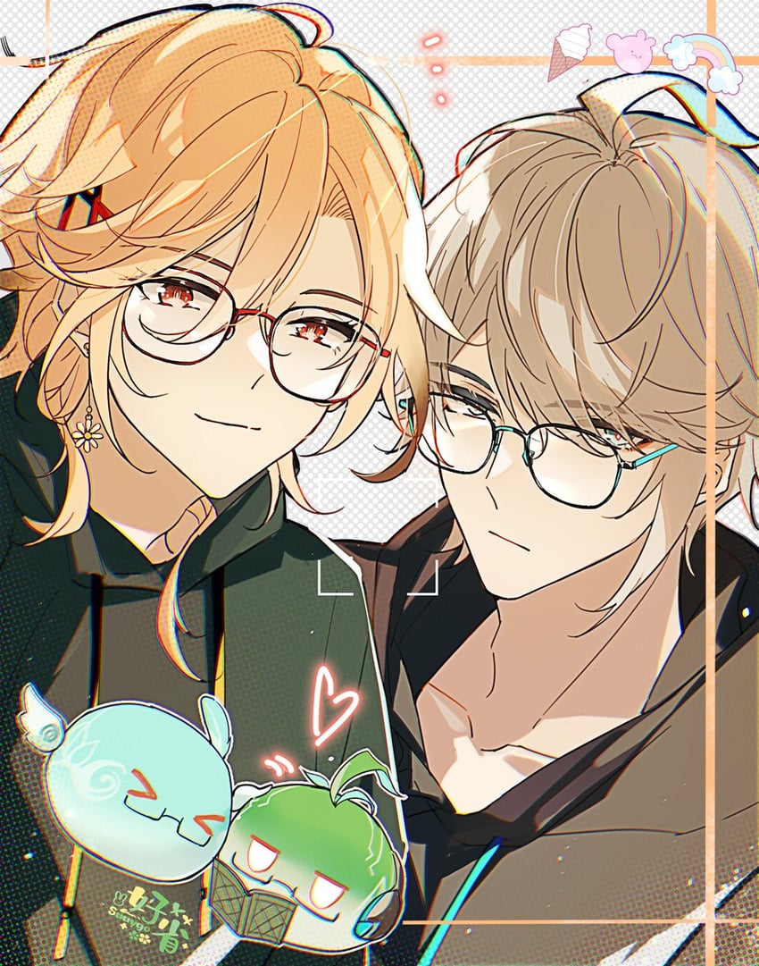 alhaitham, kaveh, and slime (genshin impact) drawn by suyako_(suya93)