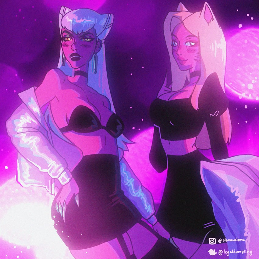 ahri, evelynn, k/da all out evelynn, k/da all out ahri, the baddest evelynn, and 1 more (league of legends) drawn by legaldumpling
