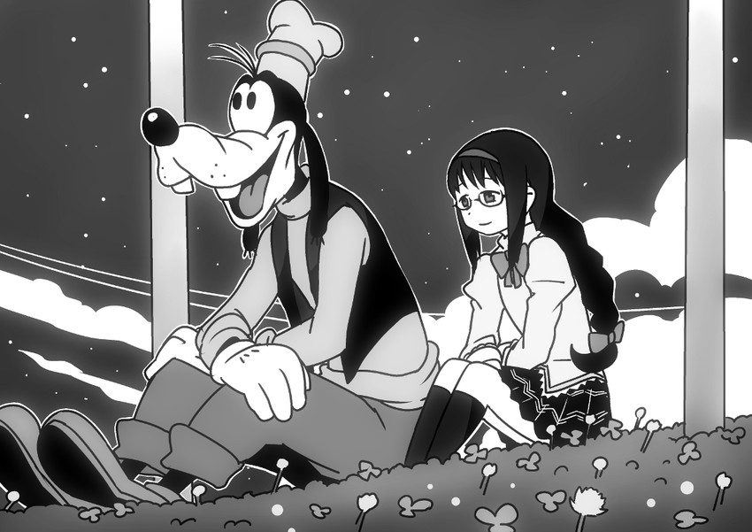 akemi homura and goofy (mahou shoujo madoka magica and 1 more) drawn by o_den