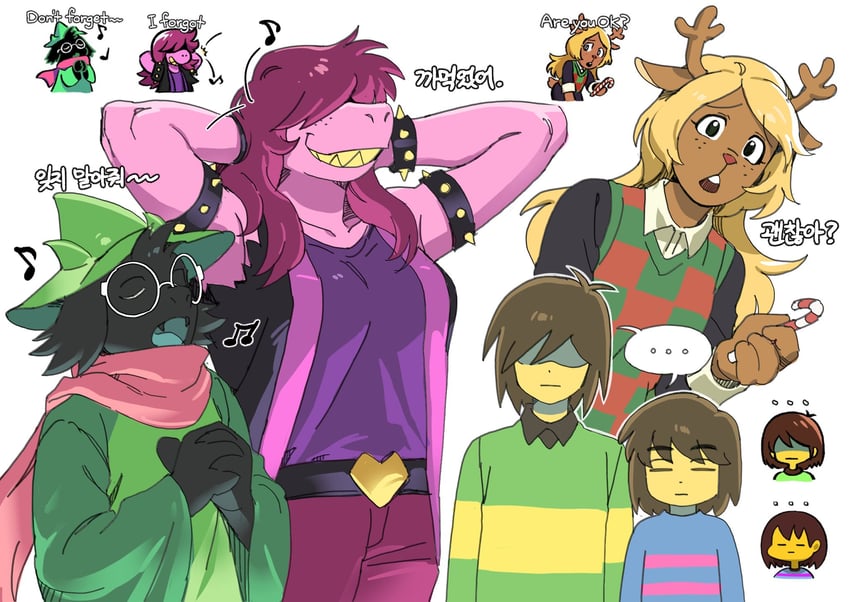 frisk, kris, noelle holiday, ralsei, and susie (undertale and 1 more) drawn by ttudolee