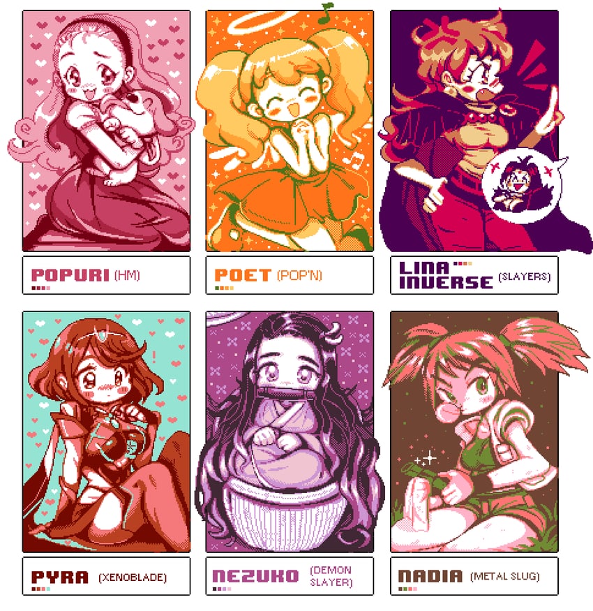 pyra, kamado nezuko, lina inverse, naga the serpent, popuri, and 2 more (xenoblade chronicles and 8 more) drawn by christy_frisby