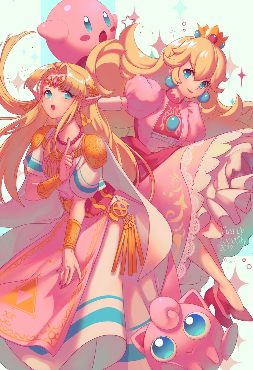 princess zelda, kirby, princess peach, and jigglypuff (pokemon and 5 more) drawn by lucidsky