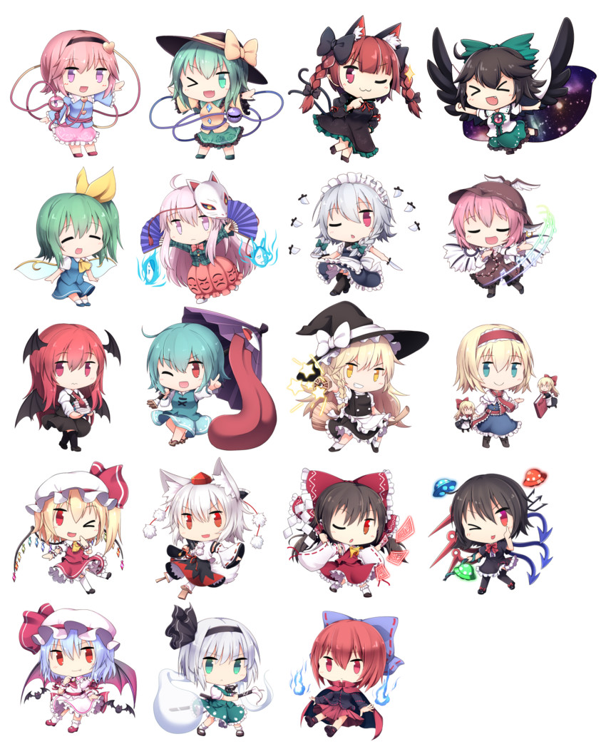 hakurei reimu, kirisame marisa, remilia scarlet, flandre scarlet, izayoi sakuya, and 15 more (touhou) drawn by nogisaka_kushio